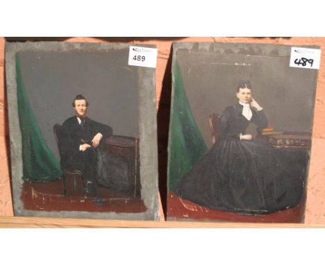Pair of 19th Century hand re-touched photographic portrait prints on metal.  Unframed. (2)