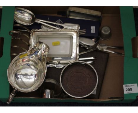 Box of assorted silver plated items to include: cream jug; butter dish and insert; lobster cutlery; bottle coaster; toast rac