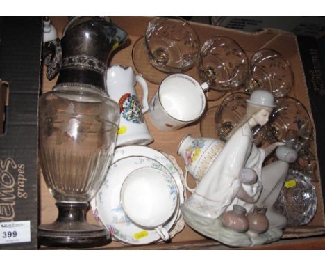 Tray of assorted china and glass to include: glass pedestal trifle bowls; claret jug with plated top and base; 'New Chelsea T