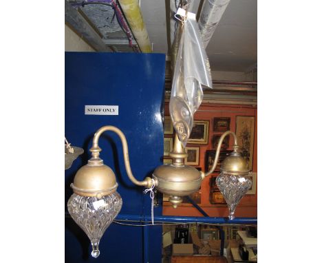 Oxydised metal two branch pendant ceiling light with cut glass tear drop shades.