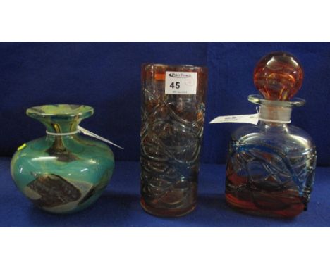 A Medina Italian glass cylinder vase with overlaid tracery decoration.  Etched to base.  Together with a similar decanter and