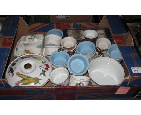 Tray of assorted china to include: various ramekins; French miniature single handled pans; cheese dish and cover; Royal Worce