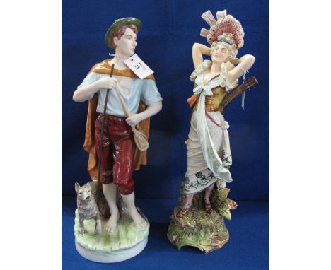 Large Royal Dux Czechoslovakia porcelain figure of a standing shepherd boy together with another figure of a dancing country 