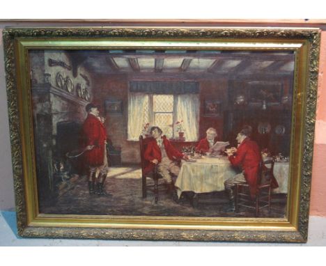 After Frank Moss Bennett, huntsman in an interior, large coloured print, laid on canvas within gilt frame.