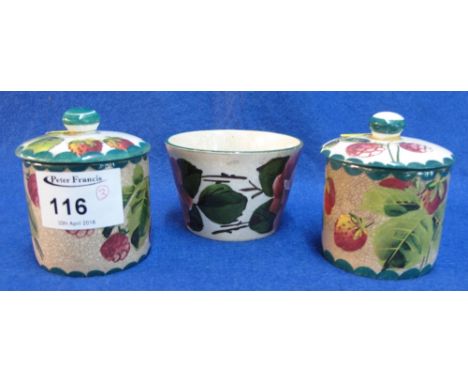 Group of small Wemyss pottery items to include: pair of straight sided jam pots and covers, overall decorated with fruit and 