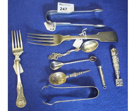 Bag of assorted silver items to include: Exeter fork, 1799; Marthinsen Norwegian silver spoon; Edinburgh silver fork, 1878; D