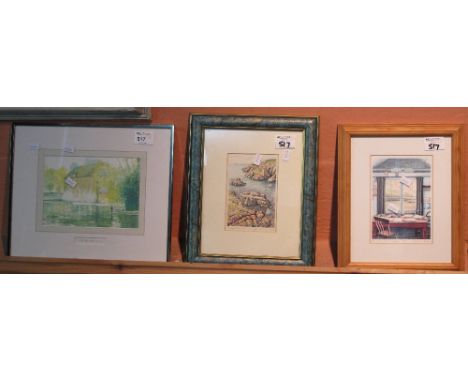 Three small furnishing pictures including: 'Study of Guildford Mill' with signatures verso, small limited edition print after