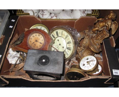 Tray of assorted clock parts to include: French Spelter and Victorian slate clock case; small mantel clock; clock faces with 