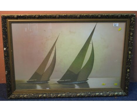 'Racing Yachts at Dusk', coloured print.  Framed and glazed.