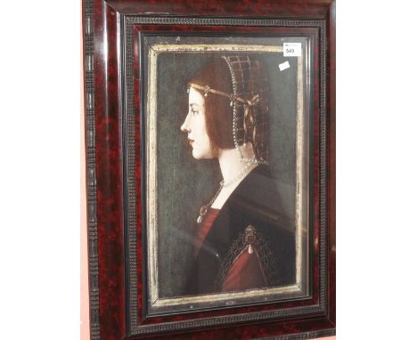 After the Old Master, portrait of a regal lady, coloured print within carved, hardwood frame.