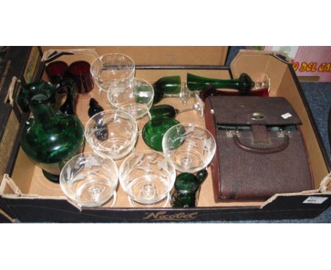 Tray of assorted glassware to include: trifle bowls; specimen vases; green glass ewer; decanter and stopper etc. together wit
