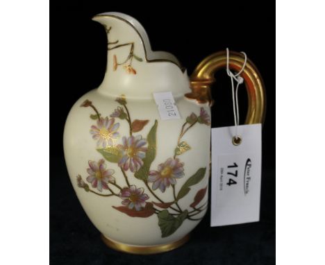 Royal Worcester helmet shaped, flat back jug, decorated with floral sprays within gilt, printed puce marks to base, shape num