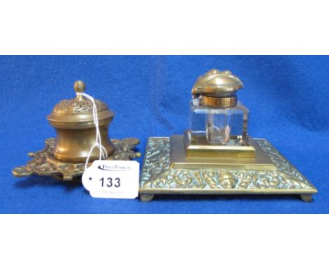 Small brass 'C' scroll and foliate decorated inkwell together with another similar ink stand with separate glass inkwell, hav