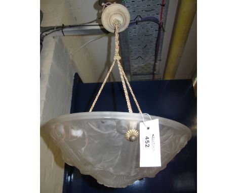 French frosted glass relief moulded ceiling light bowl in Art Nouveau design, marked Verdun.