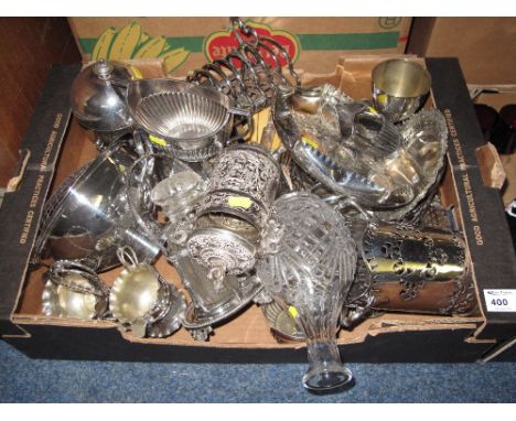 Tray of assorted, mainly metalware items to include: pierced toast rack; loose plated cutlery; tea set; two handled wine hold