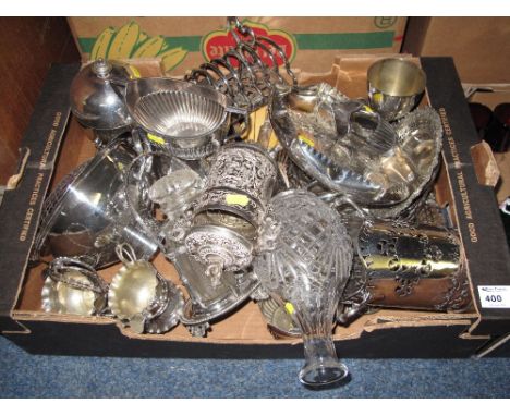 Tray of assorted, mainly metalware items to include: pierced toast rack; loose plated cutlery; tea set; two handled wine hold