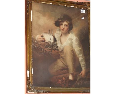 After Gainsborough, boy with white rabbit, coloured print, framed and glazed.
