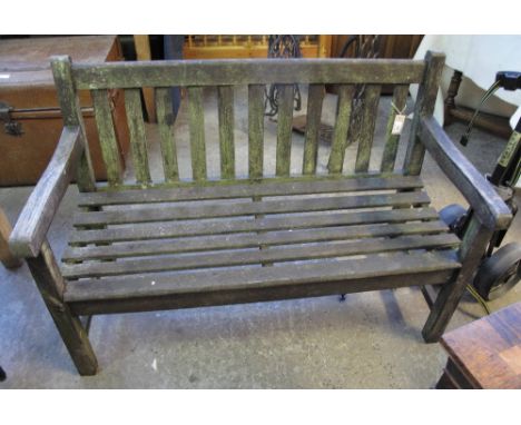 Modern stained open arm garden bench.