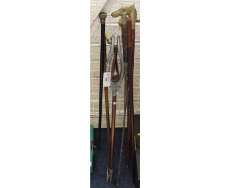 Group of assorted gentleman's walking sticks to include: white metal silver knot; shooting stick; brass horse's head cane etc