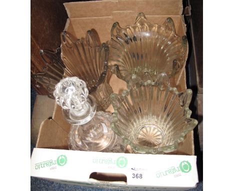 Three frilled glass vases together with a decanter and stopper. (4)