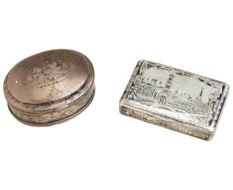 A NIELLO SNUFF BOX, MOSCOW C.1839. AND AN UNMARKED, POSSIBLY SCANDINAVIAN, BOX.  Russian Box 8.5 cm. 99 g. Scandinavian Box 8