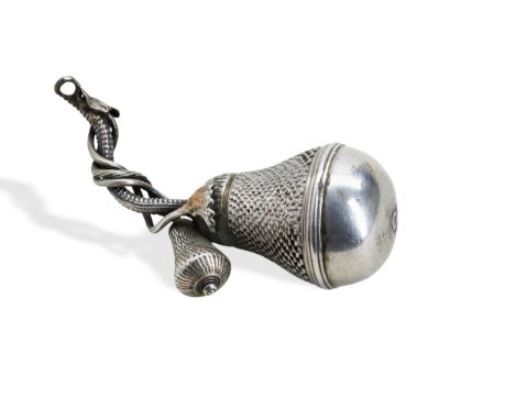 AN ENGINE TURNED POMANDER, GERMAN C.1770. Cast as a stylised pear with a screw cap to the pierced body.  6 cm.  22 g.  PROVEN