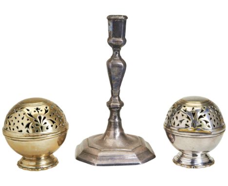 A SILVER FORM BRASS SOAP BOX, C.1730. Together with another soap box of similar type, C.1730, and a plated brass candlestick 
