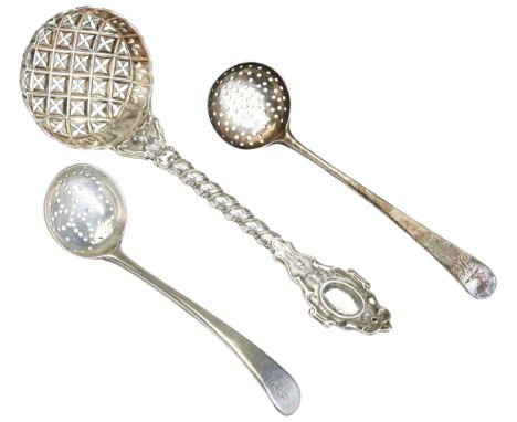 A SUGAR SIFTER LADLE, LONDON 1868. Made by Francis Higgins. Together with two Old English Pattern small sifter ladles both Lo