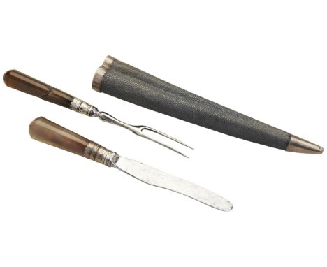 A SKARKSKIN CASED KNIFE AND FORK WITH AGATE HANDLES, C.1700. A steel two prong fork and matching knife with silver ferrules a