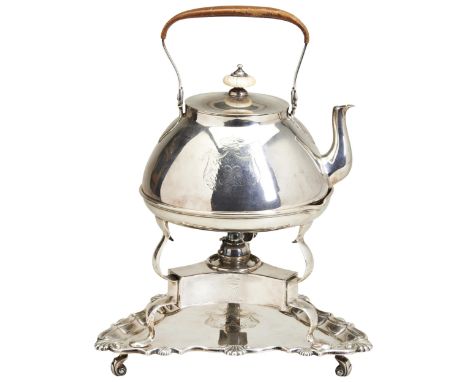 A TEA KETTLE &amp; LAMP ON A TRIANGULAR STAND, LONDON 1835. Each part engraved with a ducal coronet above a reverse cypher mo