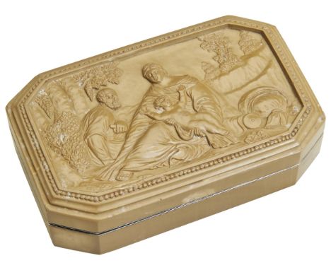 A SILVER MOUNTED CARVED LAVA STONE SNUFF BOX, POSS ITALIAN MID 19TH C. The lid finely carved with a (possibly biblical) famil
