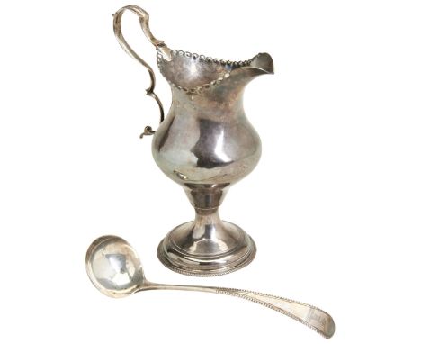 A PLAIN BALUSTER SHAPE CREAM JUG, HESTER BATEMAN, LONDON 1784. Together with a bead edge cream ladle also 1784 by the same ma