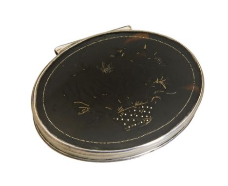 AN OVAL SNUFF BOX WITH A TORTOISE SHELL PIQUE LID, C.1730. The lid is decorated with a basket of flowers with insects, the in