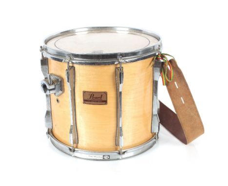A Pearl Mapleshell drum; various drum stands, drum sticks etc.
