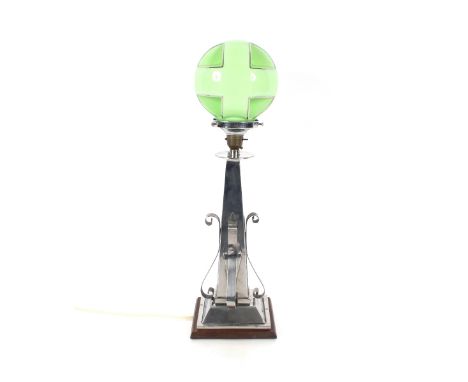 An Art Deco chrome based table lamp with green and silvered globular shade, 56cm high overall