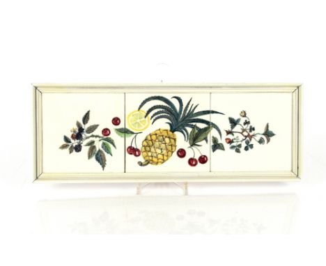 Three framed Dunsmore Pottery tiles (1925-1964) with blackberry, cherry, pineapple and leaf decoration, each tile, 14.5cm x 1