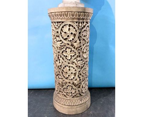 A large pottery circular stand, the sides decorated with birds and stylised foliage, impressed makers mark and model number 9