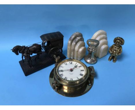 Ringtons wagon, ships clock, money box and pair of bookends