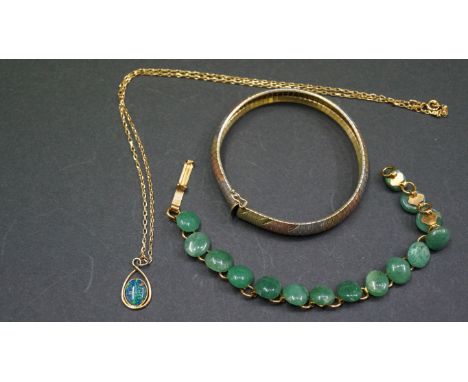 An opal pendant marked 925 on a chain; together with a 925 gilt bracelet; and another bracelet set hardstones.