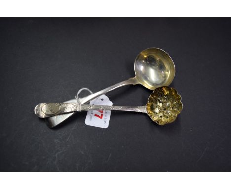 A George III silver fiddle pattern sauce ladle, by Randall Chatterton, London 1811; together with a silver sifter spoon, 98g.