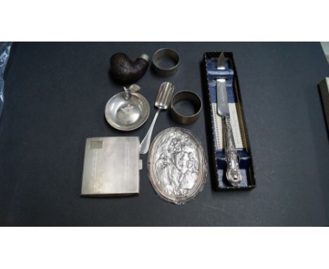 An engine turned silver cigarette case and other silver and metal items. 136g weighable