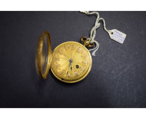 A gilt metal verge pocket watch, having 4.2cm engine turned dial decorated Roman numerals, the movement signed Henry Glover, 