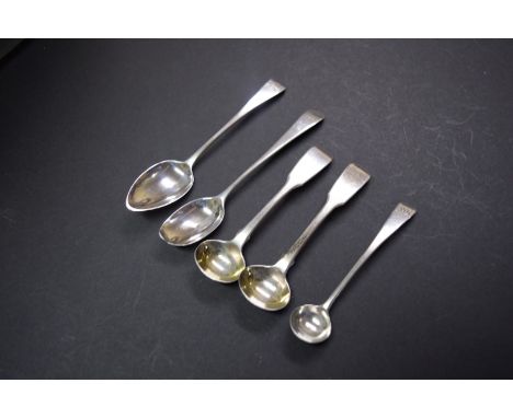 A pair of George III silver fiddle pattern mustard spoons, by W C, London 1817; together with a Georgian silver salt spoon; a