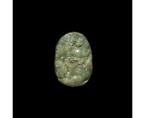 "20th century AD. A nicely carved dark green jade pendant with low-relief bat and lingzhi motifs. 70 grams, 58mm (2 1/4"). Fr