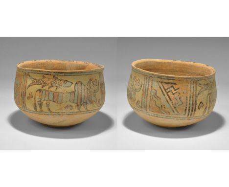 "3300-1700 BC. A large terracotta jar with flared rim, polychrome geometric panels and bull with a cross between the horns, f