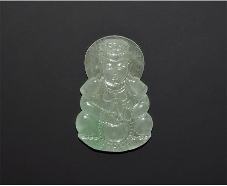 "20th century AD. A carved green jade plaque of nimbate Buddha with bottle in his lap. 23 grams, 55mm (2 1/4"). Property of a
