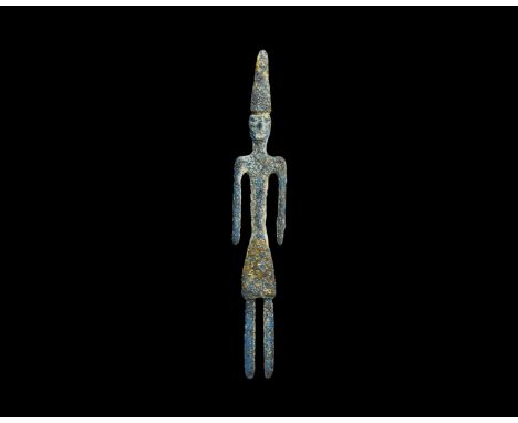 ". An undated archaistic gilt-bronze figure of a standing male modelled in the half-round in 2800-550 BC style, wearing a gil