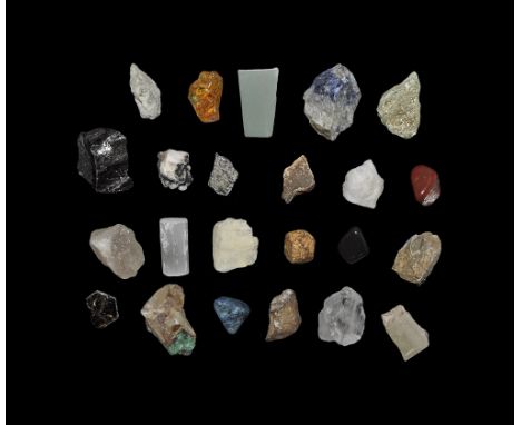 ". A collection of 23 mineral and rock specimens, including: azurite, satin spar gypsum, nephrite jade, red jasper, sodalite,