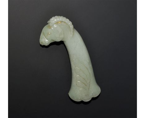 "19th-early 20th century AD. A carved jade handle with flared shank, wing details to the broad faces, ram's head finial. 234 