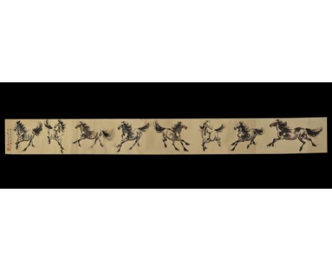 "20th century AD. A fabric scroll with wooden rods, applied paper panel with painting of eight running horses in black and re